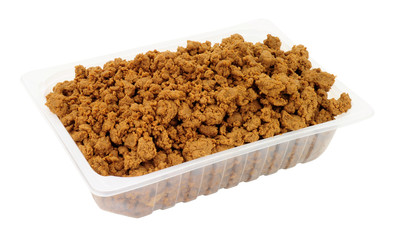 Tray of Mycroprotein fungus meat mince substitute made from fermented fungus isolated on a white background