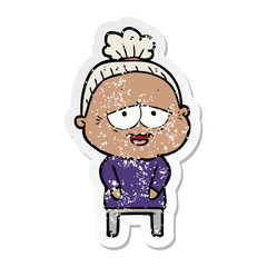 distressed sticker of a cartoon happy old lady