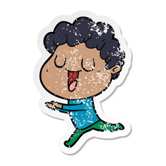 distressed sticker of a laughing cartoon man running
