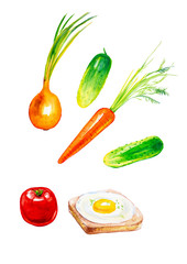 Watercolor illustration of a set of vegetables and egg toast. Isolated on white background