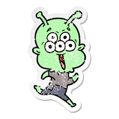 distressed sticker of a happy cartoon alien running