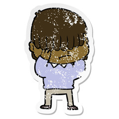 distressed sticker of a cartoon boy with untidy hair