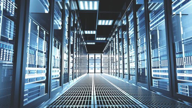 Servers racks walkthrough in Modern data center. Cloud computing datacenter server room. Clouds computing data storage 3d rendering. 4k UHD animation
