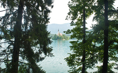 Beautiful view over Lake Bled, Julian Alps and church on the island between trees, sunny day, Bled, Slovenia