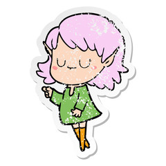 distressed sticker of a happy cartoon elf girl