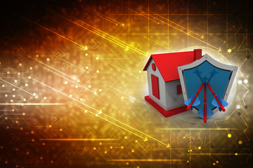 3d rendering House and shield