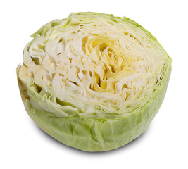 one fresh green cabbage cut isolated on white background with shadow and clipping path