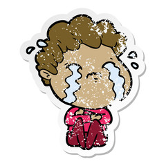 distressed sticker of a cartoon man crying