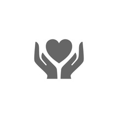 Obraz premium Handle with care, handle with love vector symbol. Handful holding heart vector icon. Human hands with heart glyph symbol.