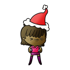 annoyed gradient cartoon of a girl wearing santa hat