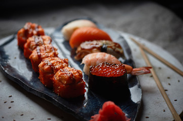 Japanese cuisine on handmade ceramics.