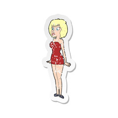 retro distressed sticker of a cartoon surprised woman in short dress
