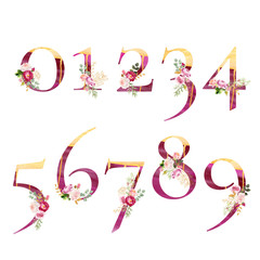 Set of numerals with watercolor leaves flowers and golden elements