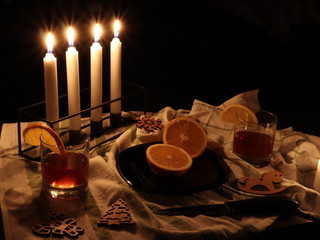 candles light towels citrus fruits decor