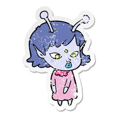 distressed sticker of a pretty cartoon alien girl