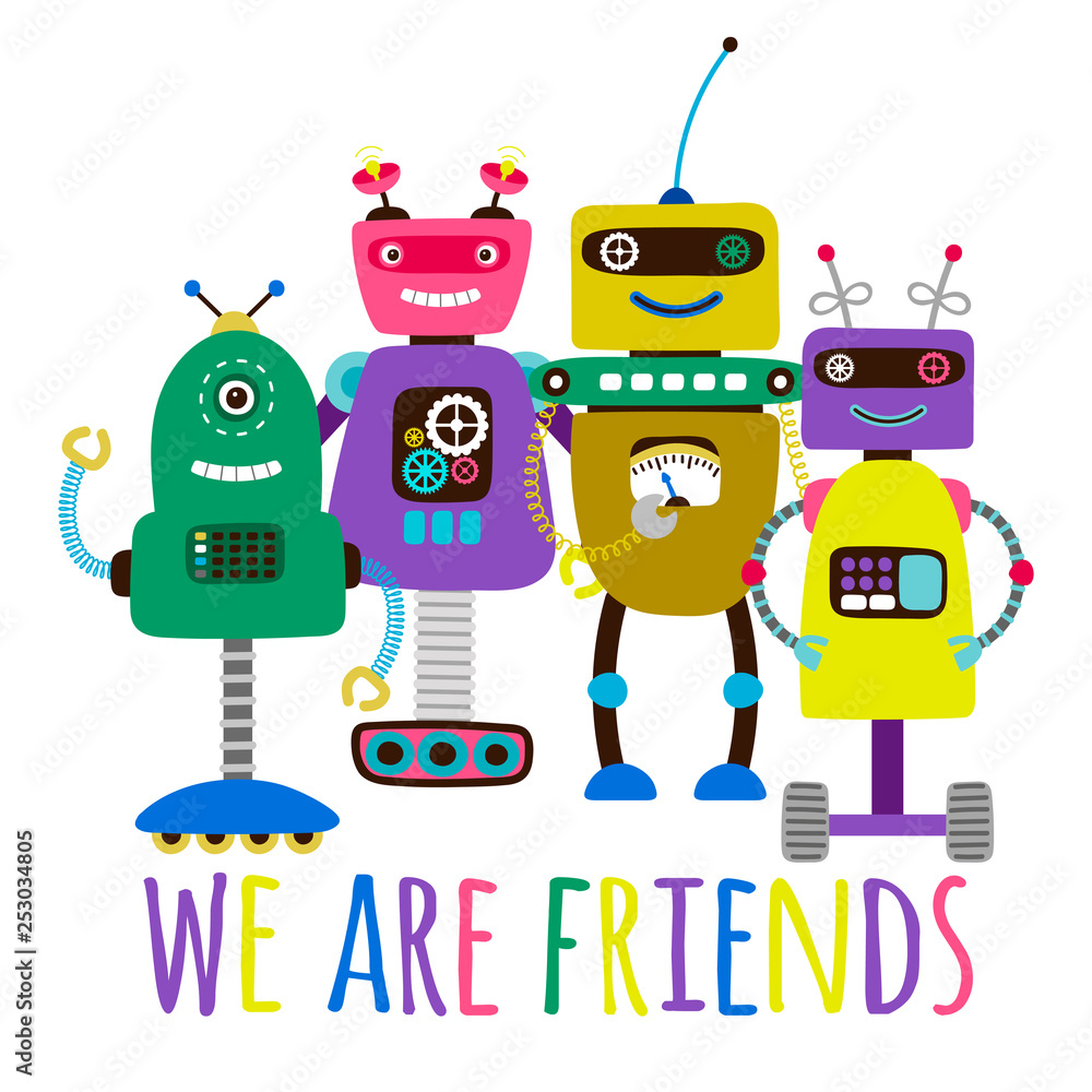 Poster robots print for kids. friendship vector concept with cartoon robots