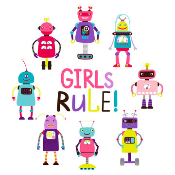 Girls rule print with vector cute pink robots on white background