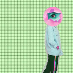 Modern art collage. Female alien model with the big eye instead  head on cell background.