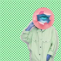 Modern art collage. Female alien model with kissing lips instead head on dots background.