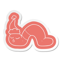 cartoon  sticker of a worm wearing santa hat