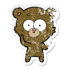 distressed sticker of a surprised bear cartoon