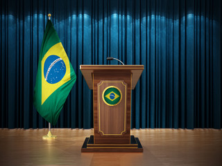 Press conference with Brazil flag and lectern against the blue curtain. 3D illustration
