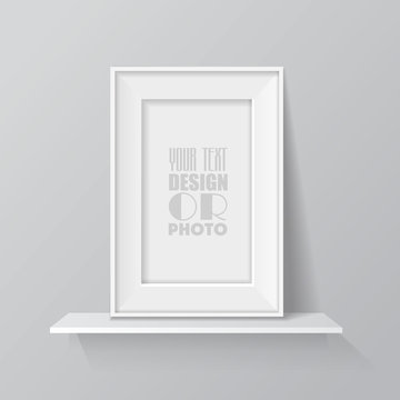 Realistic blank picture frame on white shelf. 3d vector