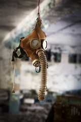 Old gas masks in abandoned building in Chernobyl Exclusion Zone, Ukraine
