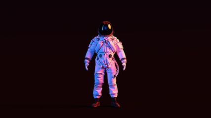 Astronaut Advanced Crew Escape Suit with Black Visor and White Spacesuit with Pink and Blue Moody 80s lighting Front 3d illustration 3d render © paul