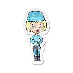 retro distressed sticker of a cartoon woman wearing winter hat
