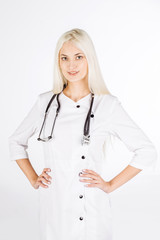 female doctor with stethoscope on a white background