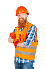 male builder  with helmet over white wall background. repair, construction, building, people and maintenance concept.