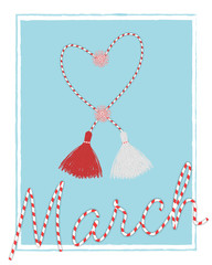 International Womans day 8 march  postcard with handmade martisor pom-pom celebrating elements and lettering 