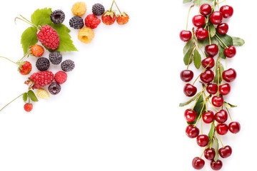 Frame of berries. Cherry, blackberry, strawberry, raspberry on white.  Food fruit summer concept. Top view, flat lay, close-up.