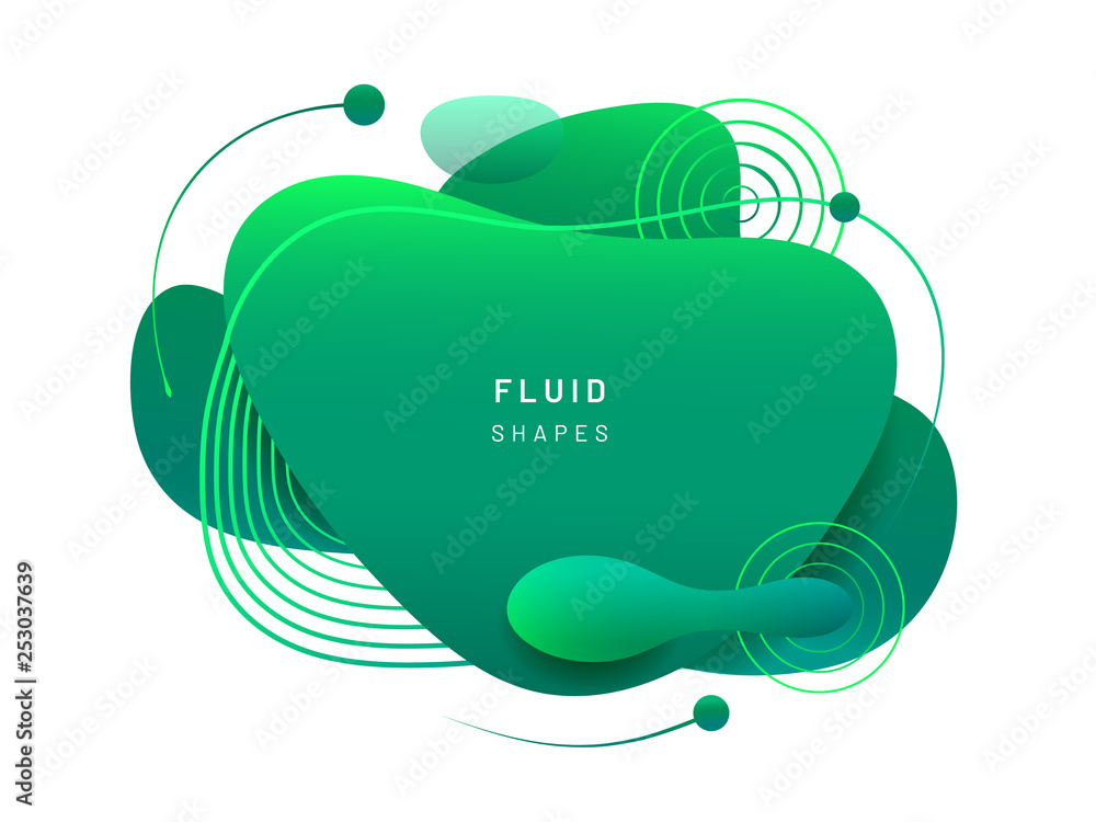 Poster abstract fluid blob in 3d shape. green liquid spot for flyer or cerulean dynamical colored free form