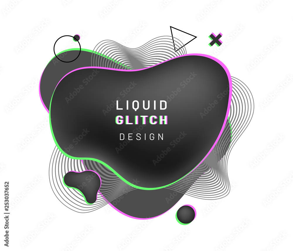 Poster Cover background with abstract liquid shape with glitch and blurry design. Black gradient fluid blob with dynamic wavy lines, circle, triangle. Overlap geometric composition for flyer or banner, logo