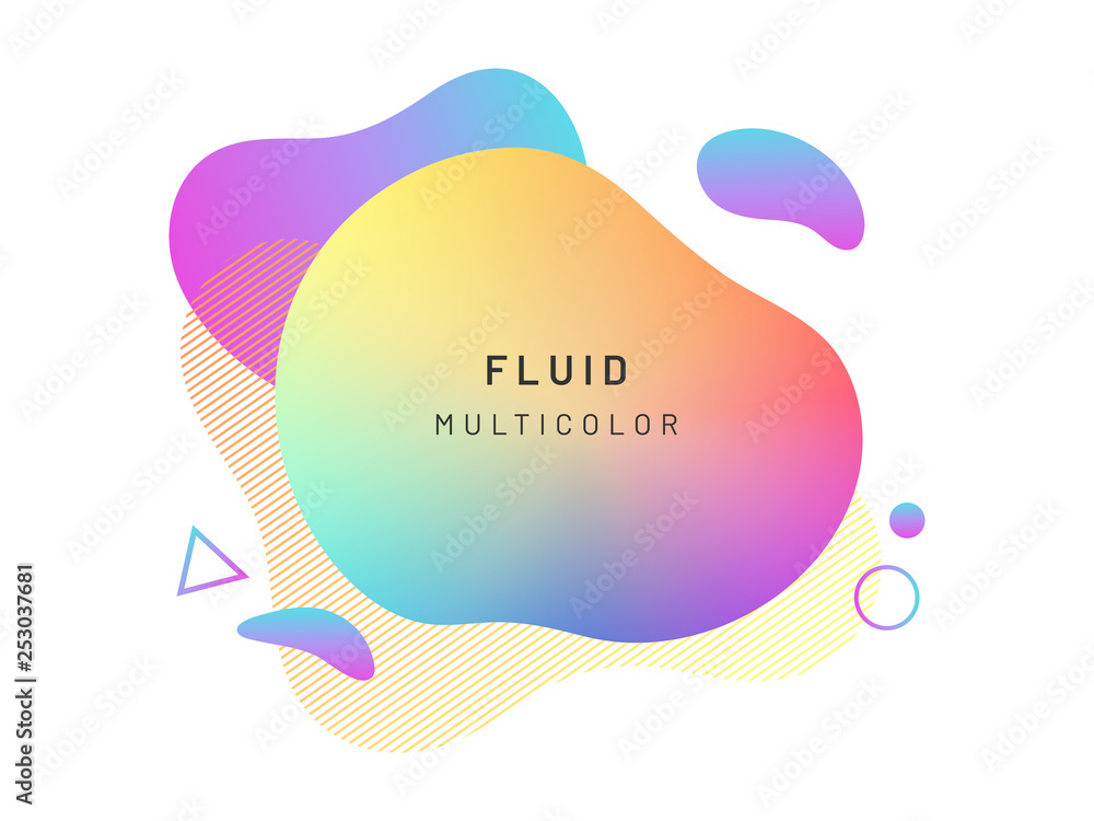 Poster Modern abstract geometric shape design. Liquid or fluid gradient colorful background with dynamic lines, cross. Splash or stain template for flyer design, halftone overlay bubbles. Logo, presentation