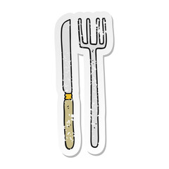 retro distressed sticker of a cartoon knife and fork