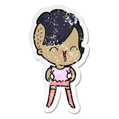 distressed sticker of a cartoon happy hipster girl