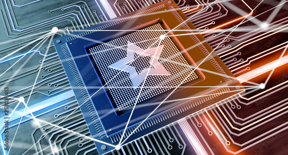Poster cpu processor with a favorite star and network connection on a circuit board - 3d render