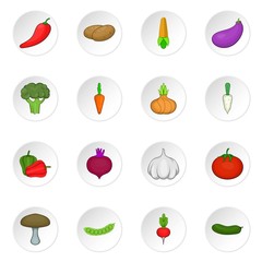 Vegetables icons set. Cartoon illustration of 16 vegetables vector icons for web