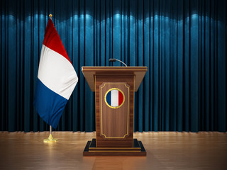 Press conference with flags of France and lectern against the blue curtain. 3D illustration