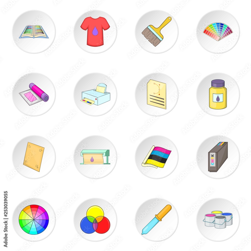Poster print process icons set. cartoon illustration of 16 print process vector icons for web
