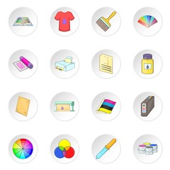 Print process icons set. Cartoon illustration of 16 print process vector icons for web