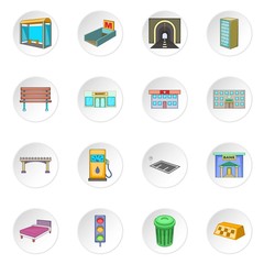 City infrastructure icons set. Cartoon illustration of 16 city infrastructure vector icons for web