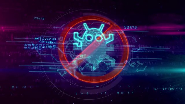 Antivirus, computer worm, cyber security and internet safety symbol on digital background. 3D hologram with virus ban sign, code and glitch effect. Abstract concept animation.