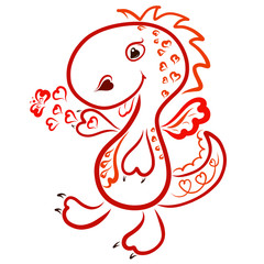 Cheerful little dragon with hearts and a butterfly