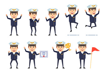 Airline pilot character showing various success gestures, emotions. Cheerful airman jumping, celebrating, holding certificate and showing other actions. Flat style vector illustration