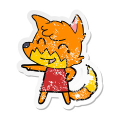distressed sticker of a happy cartoon fox