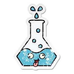 distressed sticker of a cute cartoon science beaker